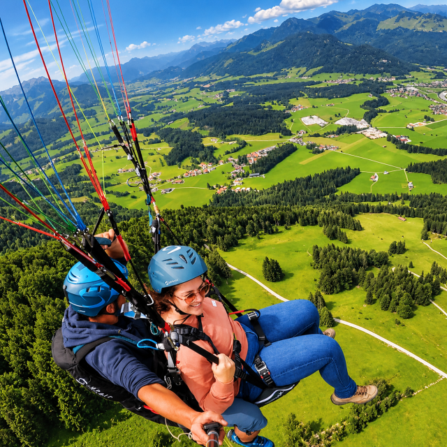 Tandem paragliden boven alpine vallei